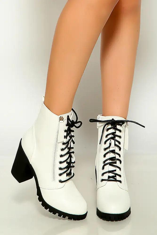 White Round Toe Lace Up Chunky Heel Booties