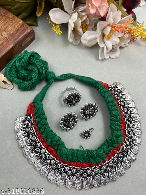 Beautiful-oxodise-choker-thread-necklace-set-with-stud,-Ring-and-nosepin-for-Women-and-Girls-by-Creative-Alankar