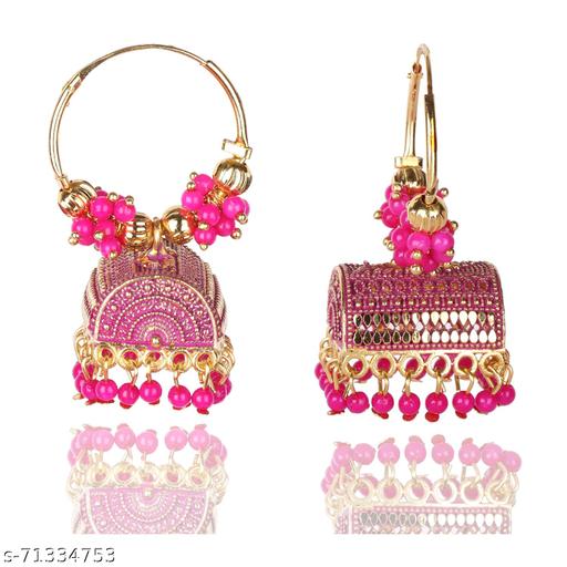 ZAITRA Gold Plated & Maroon Stones Hoop Jhumkas Pearl Brass Jhumki Earring