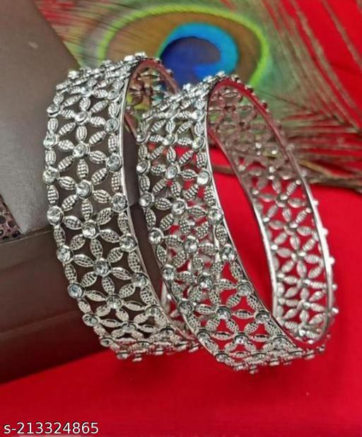 Mankairoop White Stone Studded Silver Plated Traditional Kada Bangles Set For Women