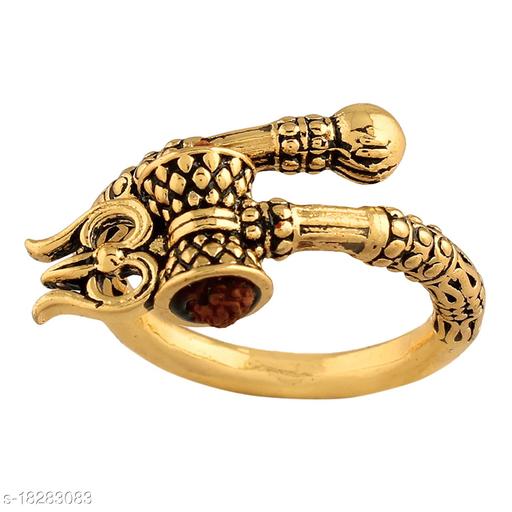 Utkarsh (Set Of 2 Pcs) Men's And Women's (Golden Color) Adjustable Stylish Trending Rudraksha Oxidized Mahakal Shiva Trishul Damroo Designer Bahubali Cuff Finger Ring (Free Size)