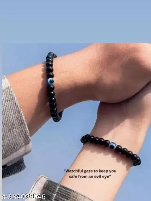 PACK OF 2 Trending Adjustable Stretchable Elastic Black Moti Pearl Beads Single Evil Eye Bracelet Nazar Suraksha Kavach Charming Friendship Cuff Wrist Band For Men's & Women's