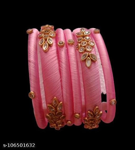 IJYA JEWELS Silk Thread Bangles Kada For Women Girls 6 Pc Set Wedding & Festive Occassion Hnadmade Multicoloured Chura Chuda (Light Pink-Light Pink)
