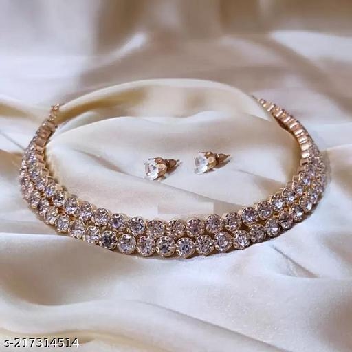 Double-String-Artificial-Diamond-Choker-Necklace-with-Earrings-,-Golden