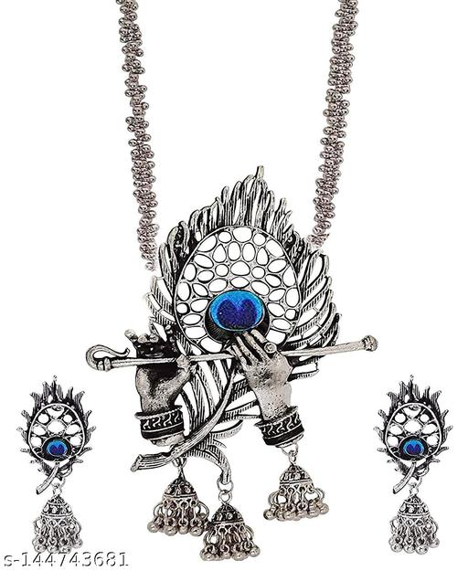 Silver-Designer-Junk-Jewellery-Krishna-Flute-Necklace-Set-for-Women-&-Girls-jewellery-set