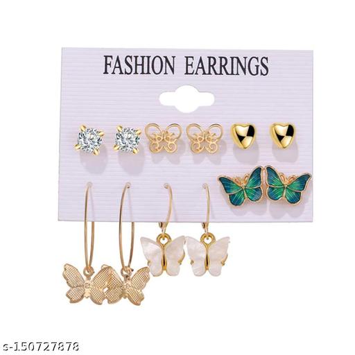 Fashion Frill Trendy AD Gold Plated Butterfly Stud & Drop Earrings For Women Girls Combo of 6