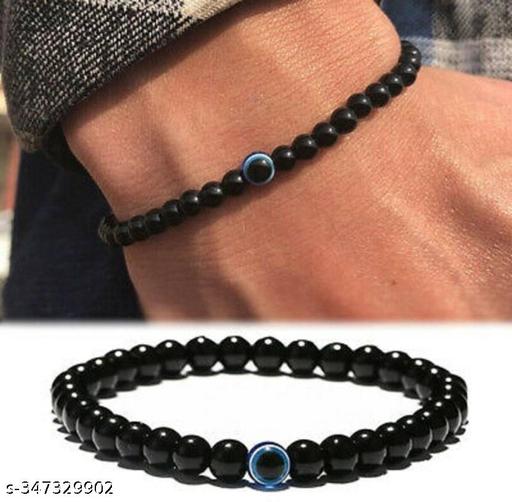 PACK OF 2 Trending Adjustable Stretchable Elastic Black Motis Pearl Beads Single Evil Eye Bracelet Nazar Suraksha Kavach Charming Friendship Cuff Wrist Band For Men's & Women's