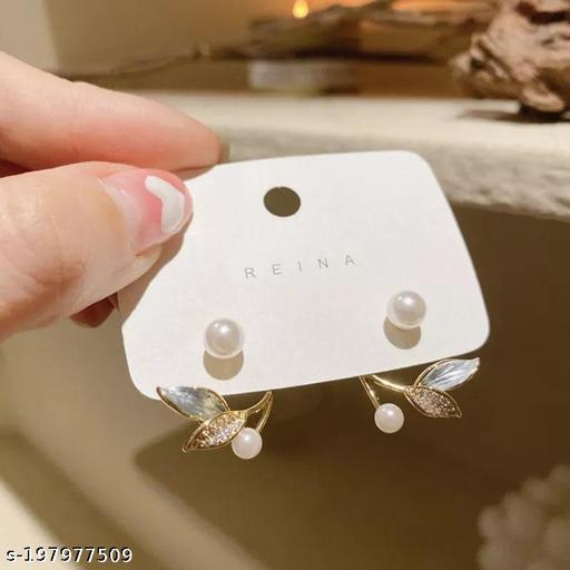 Korean Stud Pearl Gold Plated Leaf Earrings