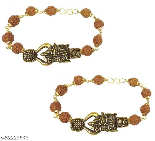 Uniqon (Set Of 2 Pcs) Adjustable Stylish Trending Brown Beads Rudraksha Mala Chain Om Mahadev Bolenath Mahakaal Lord Shiva Trishul With Damroo Wrist Band Cuff Bracelets For Men & Women