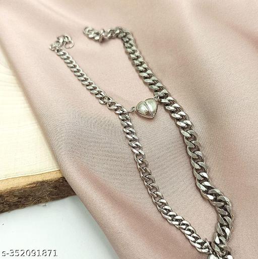 Silver Couple Bracelet Magnetic Silver Plated Heart Bracelets Love Couples Friendship Promise 2 In 1 Wrist Band Link Chain Bracelet For Men Girls Valentine's Day Love Gifts (2Pcs)