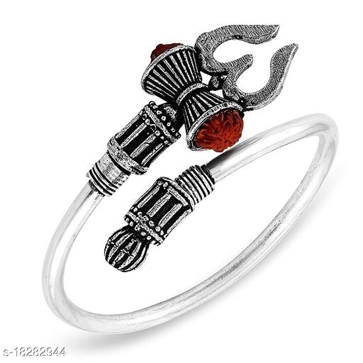 Utkarsh (Silver Color) Unisex Stylish Trending Rudraksha Oxidized Shiva Mahakal Trishul Damroo Designer Bahubali Cuff Kada Wrist Band Bracelets (Free Size)