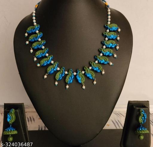 Handmade-Terracotta-Jewellery-Set-(Dark-Green-and-Blue)-Short-set