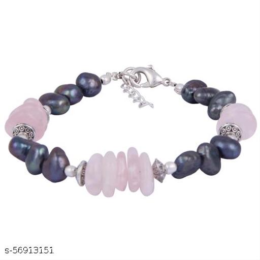Pearlz Ocean Azure Dyed Black Freshwater Pearl & Rose Quartz Gemstone Bead 7.5 Inch Bracelet