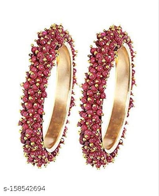 Johar Kamal Set of 2 Gold-Plated Brass Finish Maroon Beaded Bangles for Women