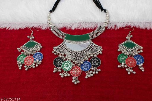 Multi-color-Glass-work-German-Silver-Oxodized-Necklace-with-Earring-for-Women