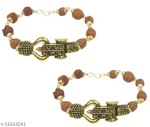 Uniqon (Set Of 2 Pcs) Stylish Adjustable Jai Mata Di Rudraksha Brown Beads Mala Chain Om Mahadev Mahakaal Bolenath Lord Shiva Trishul With Damroo Wrist Band Cuff Bracelets For Men & Women