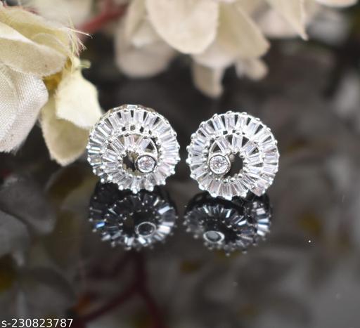 Stud Rhodium Plated AD American Diamond Flower-Shaped Earrings Ear Studs Jewellery For Women and Girl