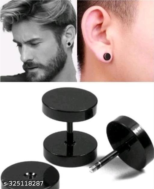 Unique (1 Pair) Trending black Plated Fancy & Stylish Round Shaped screw On Stud Chandbali/Chand Bali For Men & Womens