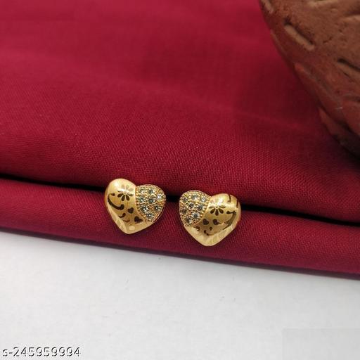 "Fancy Cubic Zirconia AD Alloy Gold Plated Stylish Heart Shape Earrings Studs "