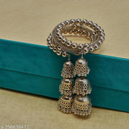 Traditional Oxidized Adjustable Spring Bracelet with Latkan (Jhumki), Bangles, Kada Free Size for Woman's & Girls
