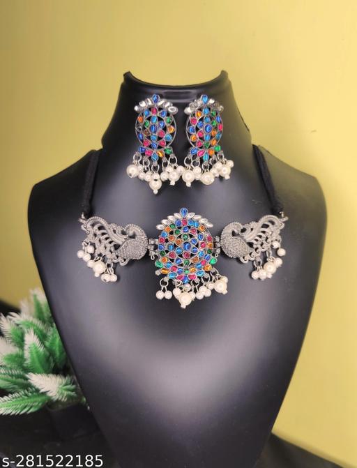 Silver-Oxidized-Black-polish-Multi-color-Choker