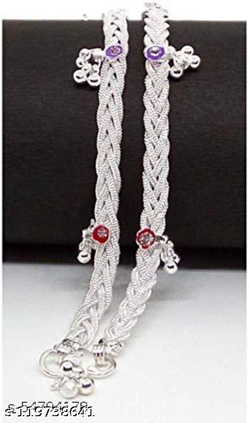 3 Layer Indian Traditional Silver Metal Anklets Payal Pair for Women , Girls with Attached Ghungroo , Best For Any Occasion , Eye Catching design