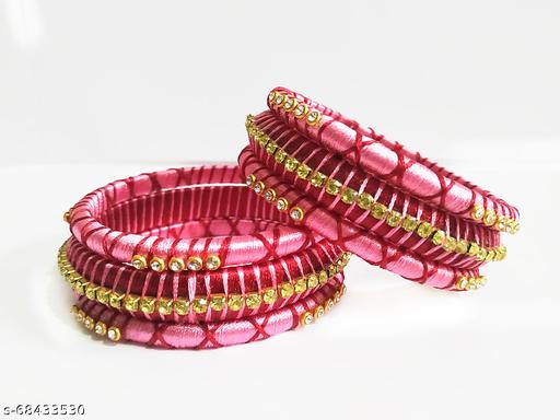 Baby Pink and Red Silk Thread Bangles for Traditional set of 6 (Size 2.4)