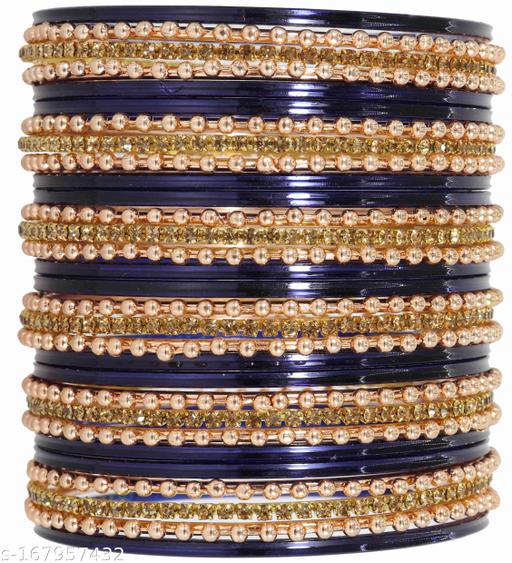 NMII Non-Precious Metal Base Metal With Zircon Gemstone and Linked With Ball Chain and Plane Bangles Set For Women and Girls,(Blue),Pack Of 30 Bangles Set