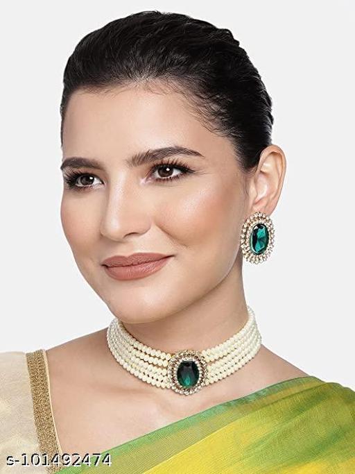 18k Gold Plated Latest Stylish Fancy Choker Traditional Pearl Necklace Jewellery Set for Women