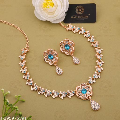 Jewellery-Pack-of-1-Rose-Gold-Plated-American-Diamond-Heavy-Polished-Diamond-Choker-Necklace-set-with-1-Pair-of-Earrings