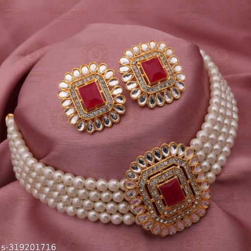 Crystal-White-&-Red-Pearl-Elegant-Jewelry-Choker-Necklace-With-Beautiful-Earrings-For-Women-And-Girls