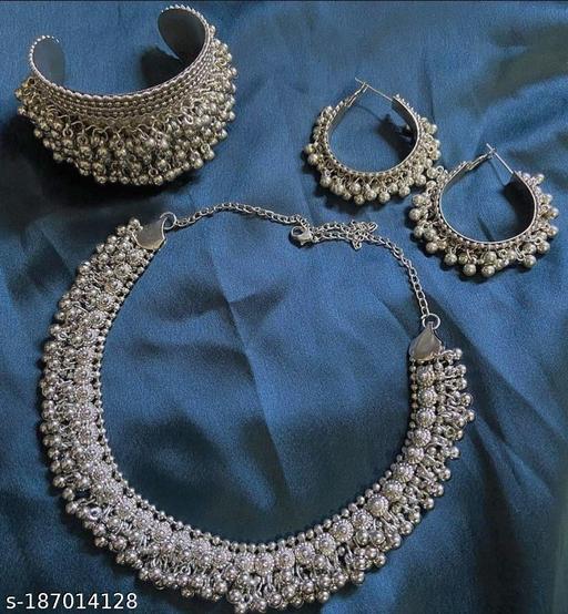 Morning-Star-Unique-Trendy-German-Silver-|-1-Silver-Choker-Necklace-1-Silver-Ghungroo-Bangle-1-Set-Silver-Ghungroo-Earrings-For-Girls-|-Womens