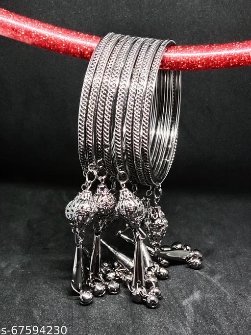 Shivarth Oxidized Silver Bangles Latkan with Gungroo Tassels Charms linked Chain Latest Trend Afghani Bangle Set Kade Bracelet Black,Golden & Silver Colour Chudi for Girls and Women ( Pack of 8pcs )