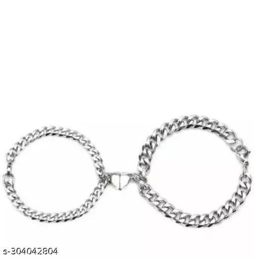 Silver-Toned Stainless Steel Heart Couple Bracelet
