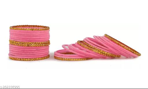 "Gold and Glass Velvet Bangles Set: 24 Glass Velvet Bangles with 8 Designer Golden Bangles"