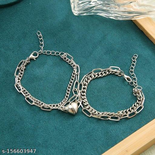 Thrillz Exclusive Silver Plated Heart Shape Romantic Love Couples Friendship Promise 2 In 1 Wrist Band Cuff Double Layer Thick Link Chain Bracelet For Men Boys Girls