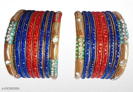 RADHIKAA FASHIONS Jaipuriya Stylish Crystals Sheep Bangles (Pack of 16) (Blue-Gold-Red)