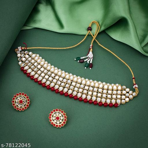 Indian's-Fashion-Gold-Plated-Red-White-Pearl-Choker-Necklace-Jewellery-Set(1378N).
