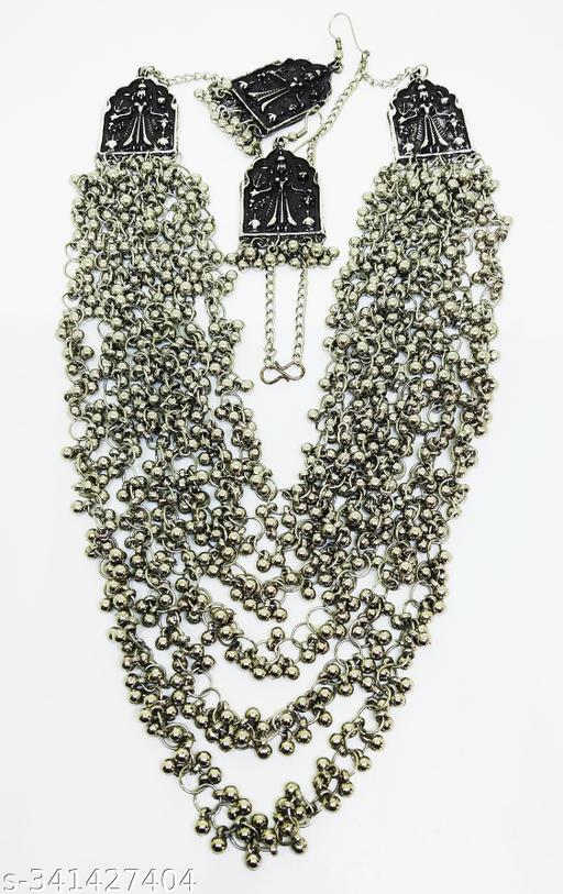 GHUNGROO-CHAIN-MULTI-LAYERED-SILVER-OXIDISED-JEWELLERY-SET