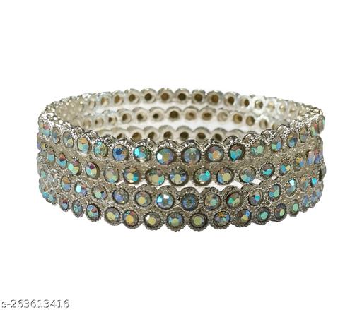 La Belleza Rhodium Plated American Diamond Crystal Rhinestone Single Line Cubic Zirconia Bangles Set for Girls and Women Combo Pack of 4 Bangles