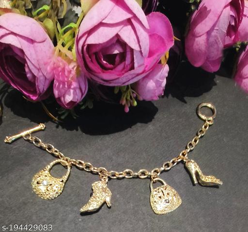 La Belleza Adjustable Gold Plated Hanging Charm Butterfly Flower Purse Sandal Pearl Chain Linked Bracelet for Girls and Women (Golden Purse sandal Charm Bracelet)