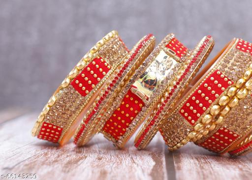 Navjai Chuda Jewellery Rajasthani Chura Punjabi Chuda Set for Wedding with Rajasthani Radha Krishna Embossed Red Bridal Chuda Set Acrylic Bangles With Stones for Women and Girls (Pack of 10)