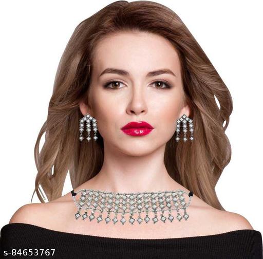 Trendy-mirror-choker-silver-oxidized-necklace-jewellery-set-with-earrings-pack-of-1