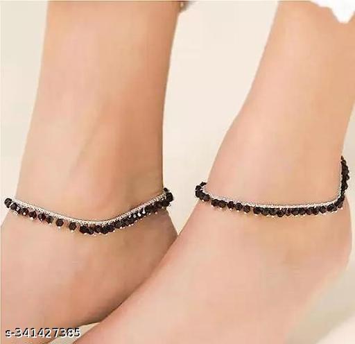 Black Beads Payal Anklet Black Moti 1Pair Beads Black Stone Oxidized Steel Payal Leg Chain Anklet for Woman Girls Pajeb, Bichiya