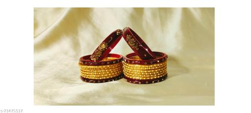 SET OF 4+2 MAROON KADA & BANGLES IN SEEP WITH 12 GOLDEN GLASS BANGLES