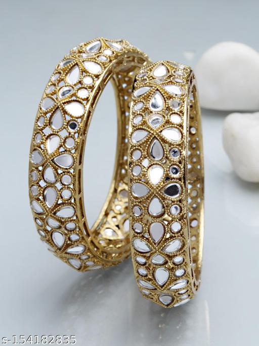 Karatcart Antique Gold Plated Floral Mirror Work Kundan Bangle Set for Women