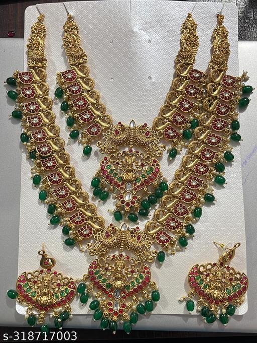 Traditional-South-Indian-Gold-Platted-Multi-Color-Stone-Laxmi-Design-Semi-Bridal-Set-(Dulhan-Set)-Paired-With-Maang-Tikka-and-Earrings-With-Green-Drops-And-Meena-Daani-White-Pearls-For-Women-And-Girls.