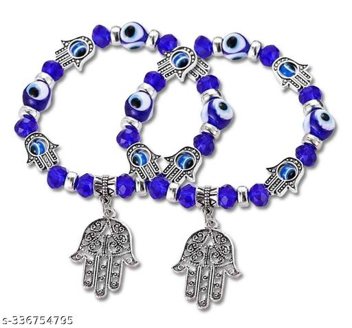 Uniqon (Set Of 2 Pcs) Valentine's Round 8mm Blue Crystal Pearl Beads/Stone Evil Eye Hamsa Fatima's Lucky Hand Palm Nazariya Suraksha Kavach Promise Friendship Wrist Band Cuff Elastic Field Bracelet