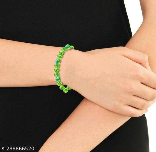 (Pack Of 2 Pcs) Stretchable Green Color 8mm Moti Pearl Bead Natural Feng-Shui Healing Howlite Crystal Gem Marble Stone Wrist Band Elastic Bracelet For Boy's And Girl's