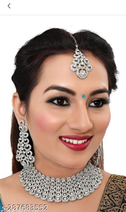Alhum-Fashion,-Choker-Rodium-Plated-Set,-Maang-Tikka-with-A-Pair-of-Earrings,-for-Mehndi,-Haldi,-Wedding,-Godbharai,-Bridal-White-Colour
